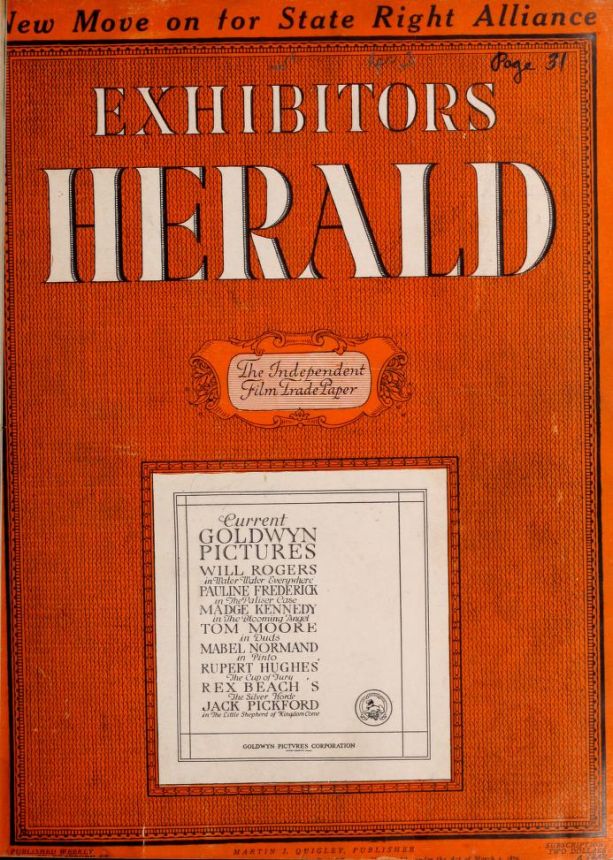 EXHIBITORS HERALD magazine side cover 3 April 1920
