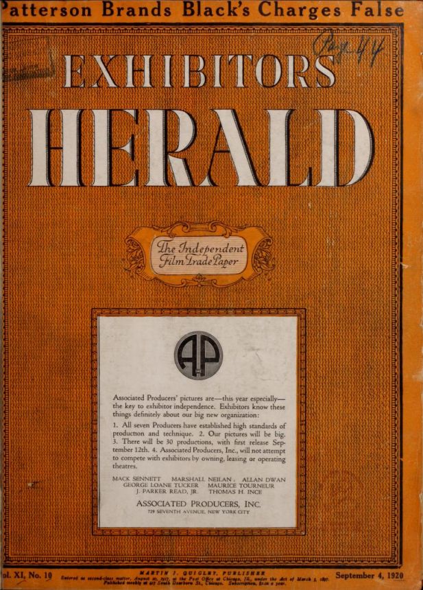 EXHIBITORS HERALD magazine side cover  September 1920
