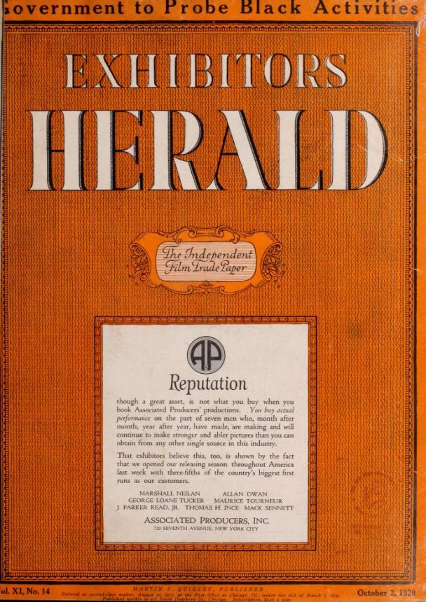 EXHIBITORS HERALD magazine side cover 2 October 1920