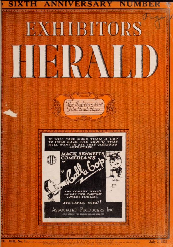 EXHIBITORS HERALD magazine side cover 2 July 1921