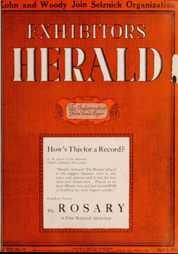 EXHIBITORS HERALD magazine side cover 1 April 1922