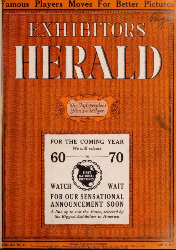 EXHIBITORS HERALD magazine side cover 1 July 1922