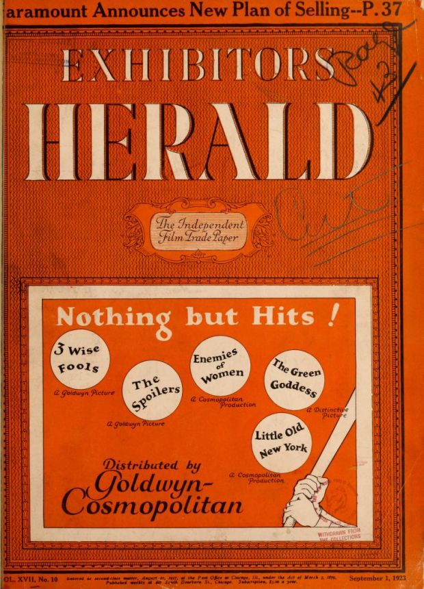 EXHIBITORS HERALD magazine side cover 1 September 1923