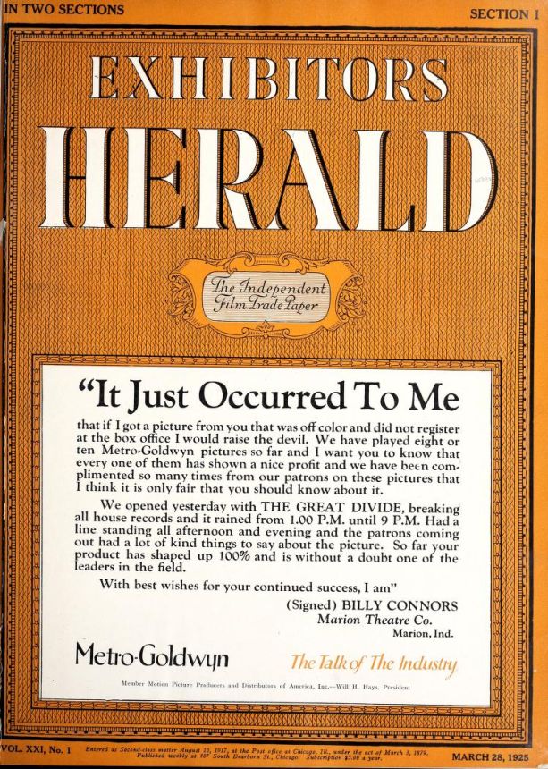 EXHIBITORS HERALD magazine side cover 28 March 1925