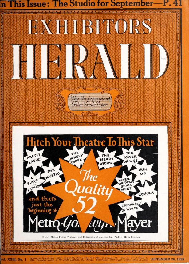 EXHIBITORS HERALD magazine side cover 26 September 1925