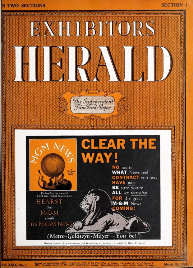 EXHIBITORS HERALD magazine side cover 19 March 1927