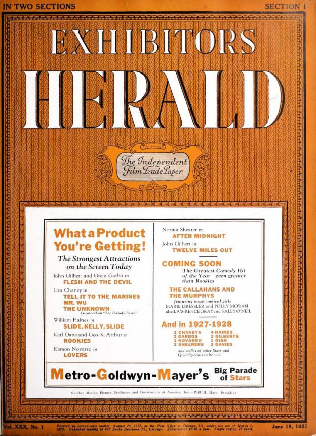 EXHIBITORS HERALD magazine side cover 18 June 1927