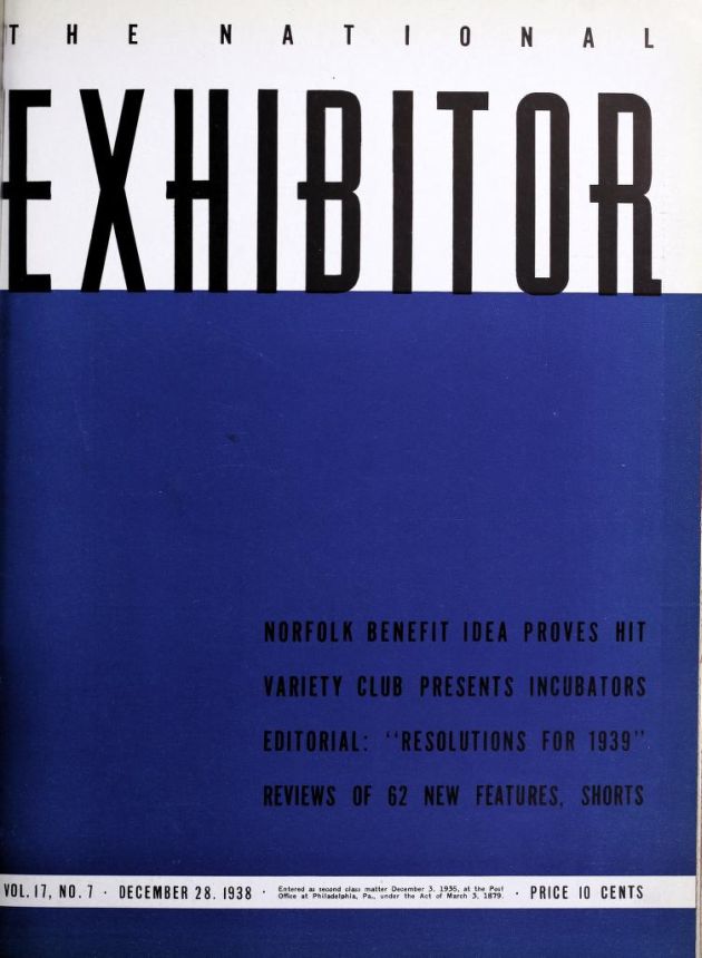 EXHIBITOR magazine side cover 28 December 1938
