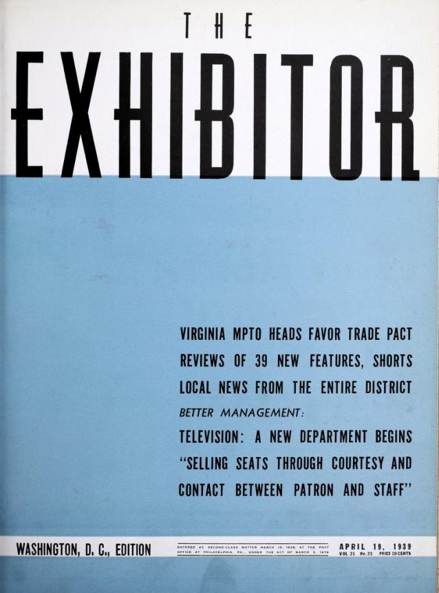 EXHIBITOR magazine side cover 19 April 1939