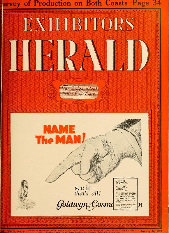 EXHIBITORS HERALD magazine side cover 26 January 1924