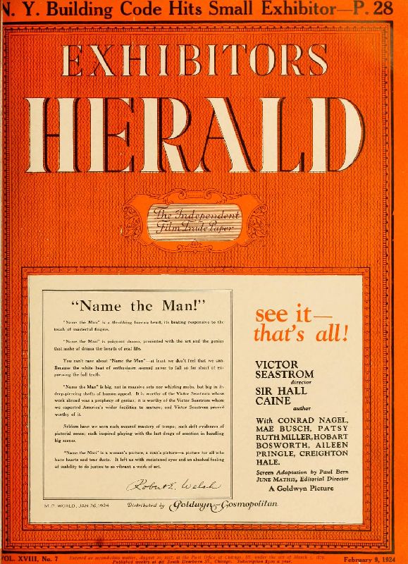 EXHIBITORS HERALD magazine side cover 9 February 1924