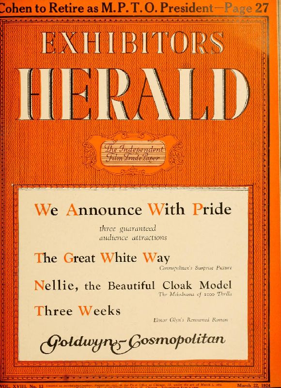 EXHIBITORS HERALD magazine side cover 22 March 1924