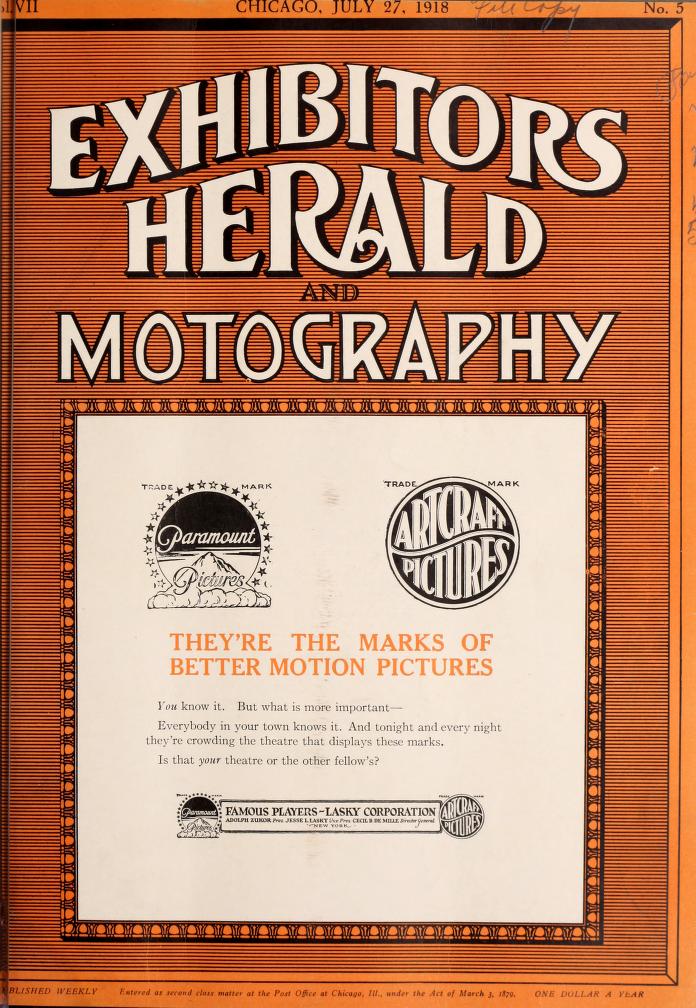 EXHIBITORS HERALD magazine side cover 27 July 1918