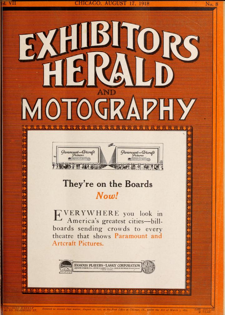 EXHIBITORS HERALD magazine side cover 17 August 1918
