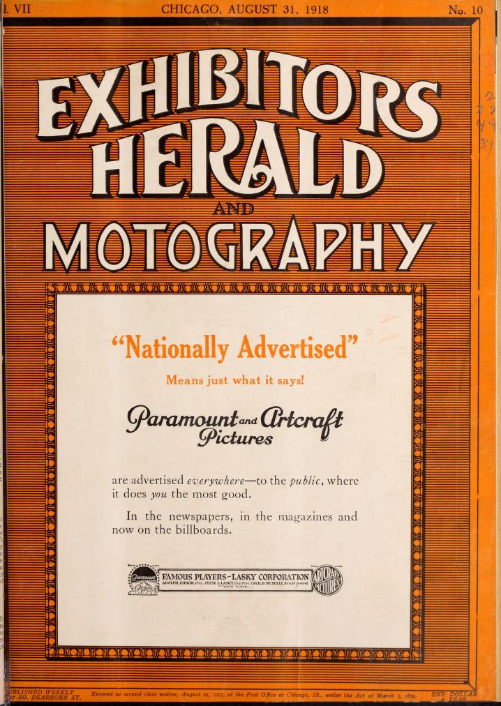 EXHIBITORS HERALD magazine side cover 31 August 1918