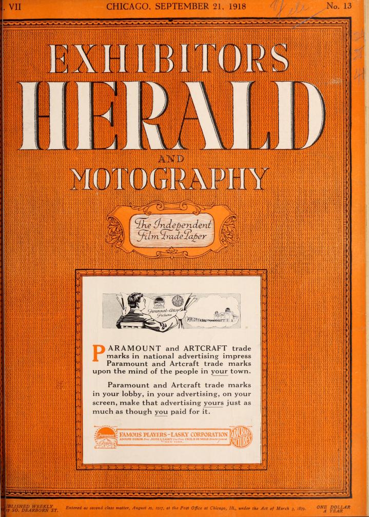 EXHIBITORS HERALD magazine side cover 21 September 1918