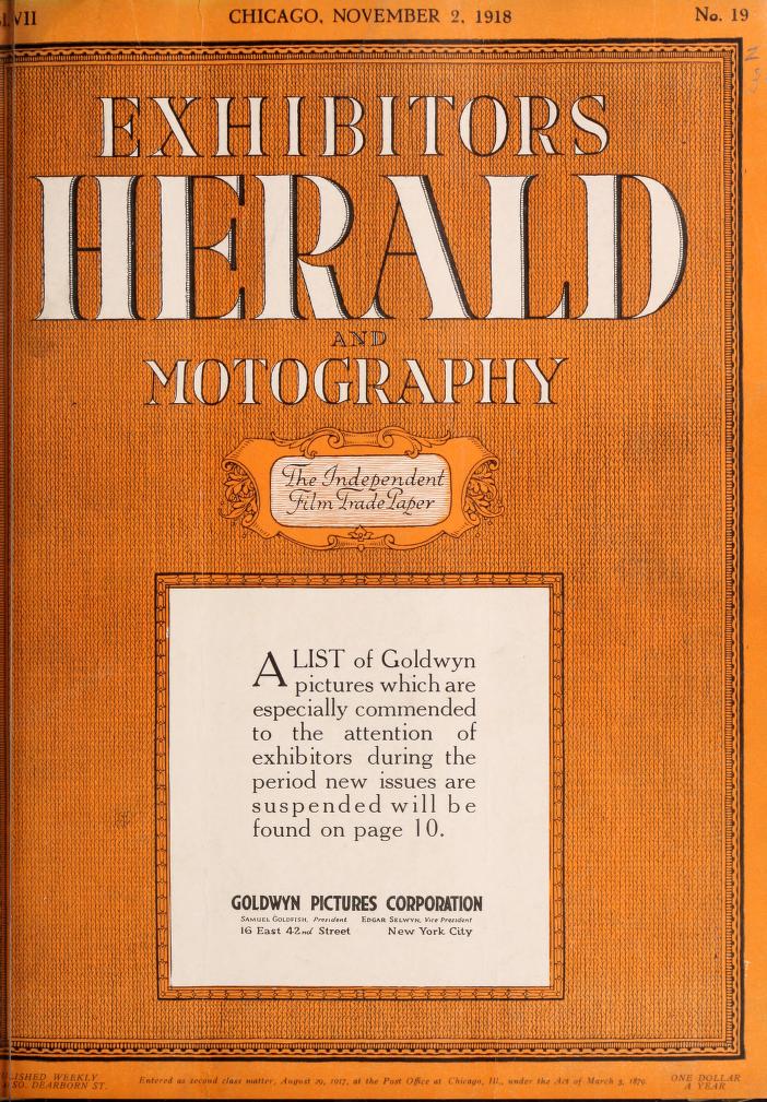 EXHIBITORS HERALD magazine side cover 2 November 1918
