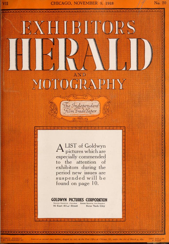 EXHIBITORS HERALD magazine side cover 9 November 1918