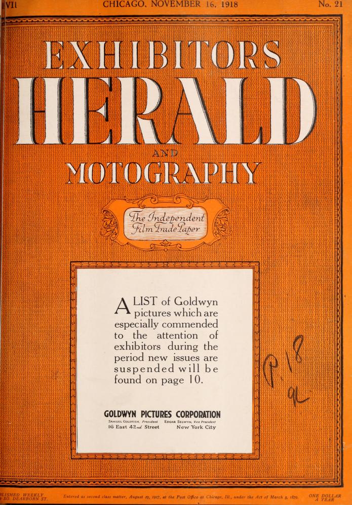EXHIBITORS HERALD magazine side cover 16 November 1918
