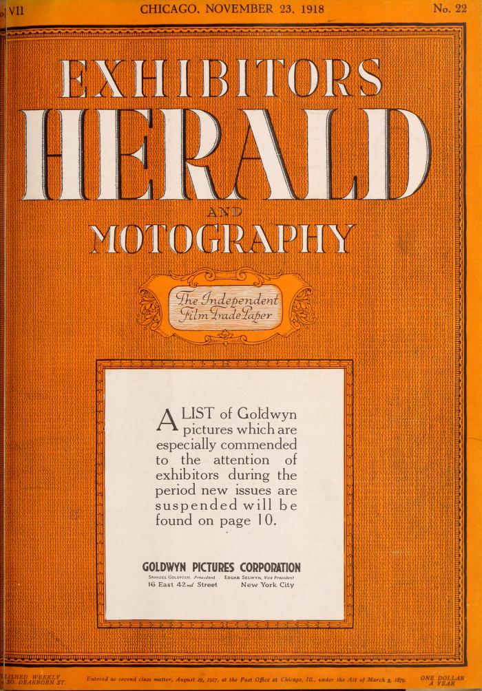 EXHIBITORS HERALD magazine side cover 23 November 1918