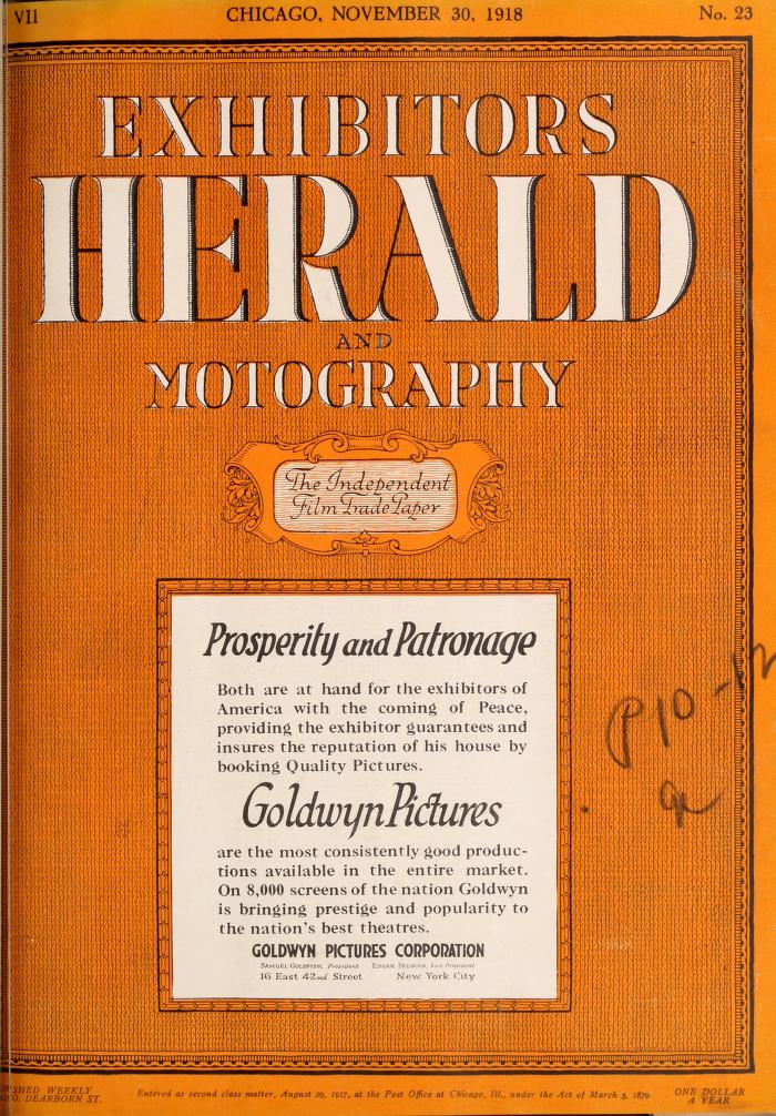 EXHIBITORS HERALD magazine side cover 30 November 1918