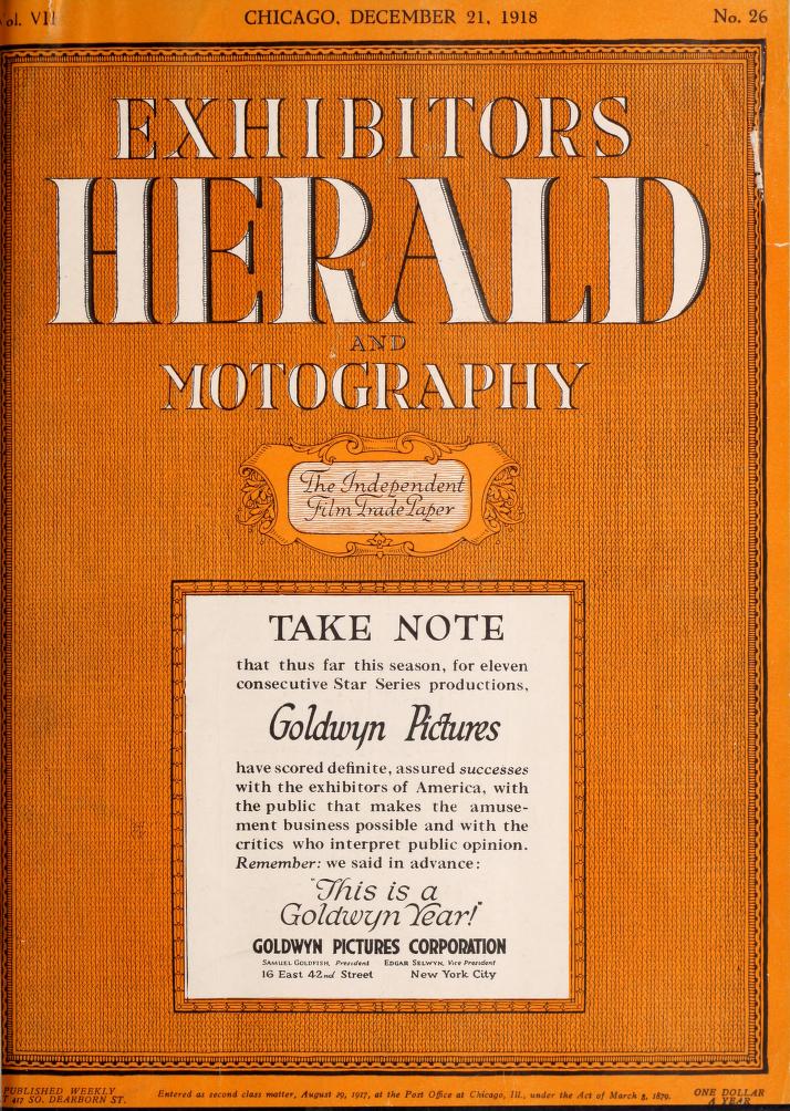 EXHIBITORS HERALD magazine side cover 21 December 1918