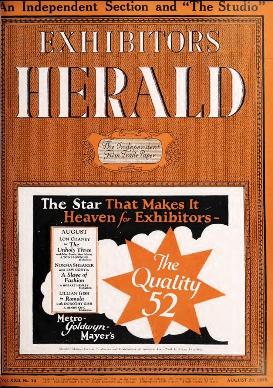 EXHIBITORS HERALD magazine side cover  Vol 22 No  10 29 August 1925