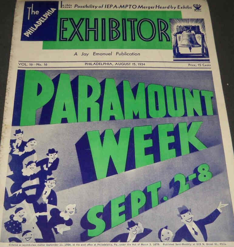 EXHIBITOR magazine side cover 15 August 1934