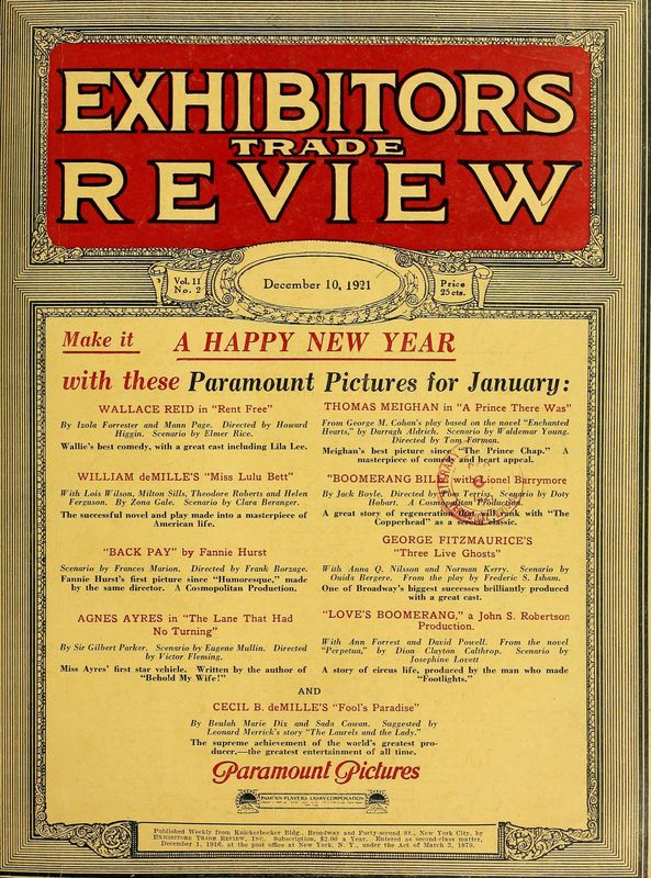 EXHIBITORS TRADE REVIEW magazine side cover 10 December 1921