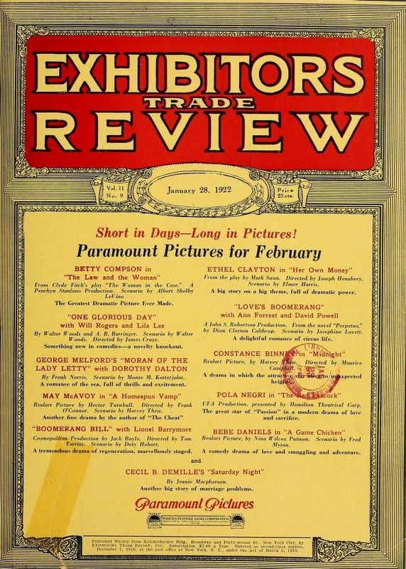 EXHIBITORS TRADE REVIEW magazine side cover 28 January 1922