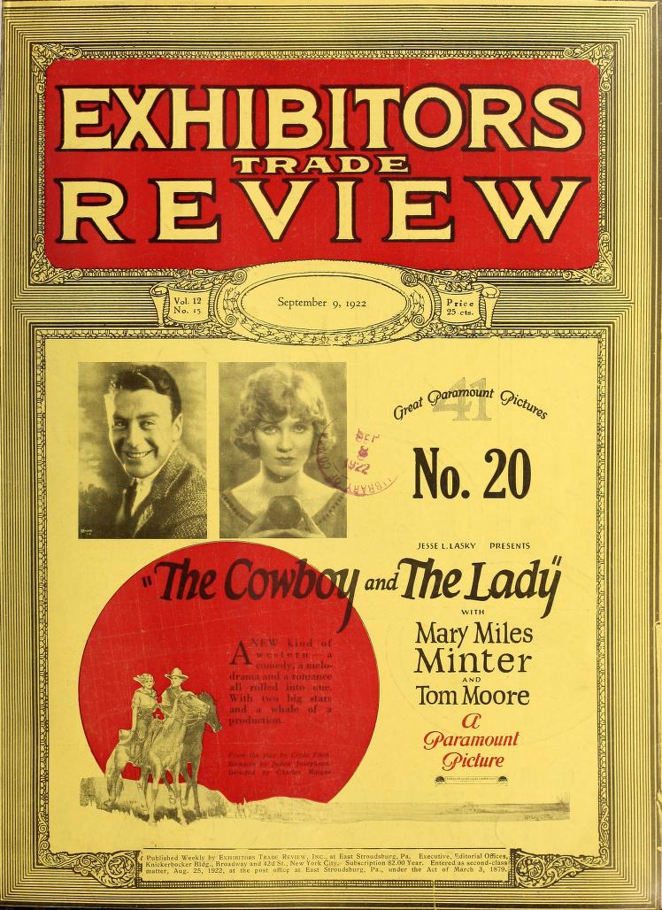EXHIBITORS TRADE REVIEW magazine side cover 9 September 1922