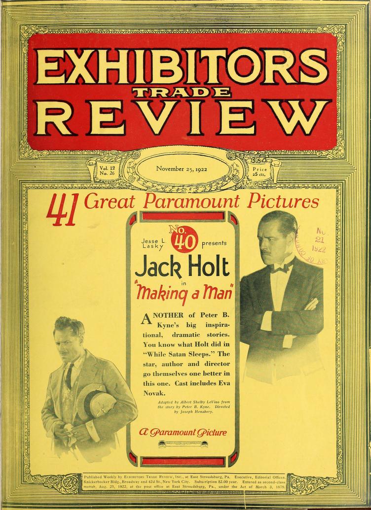 EXHIBITORS TRADE REVIEW magazine side cover 25 November 1922