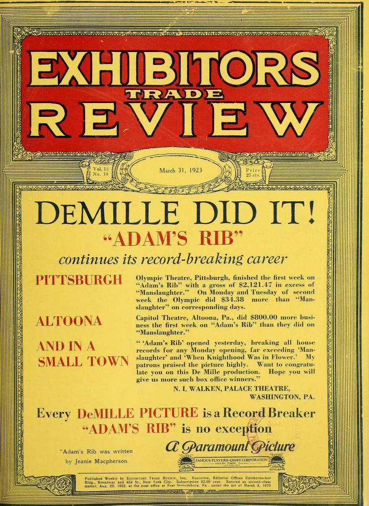 EXHIBITORS TRADE REVIEW magazine side cover 31 March 1923