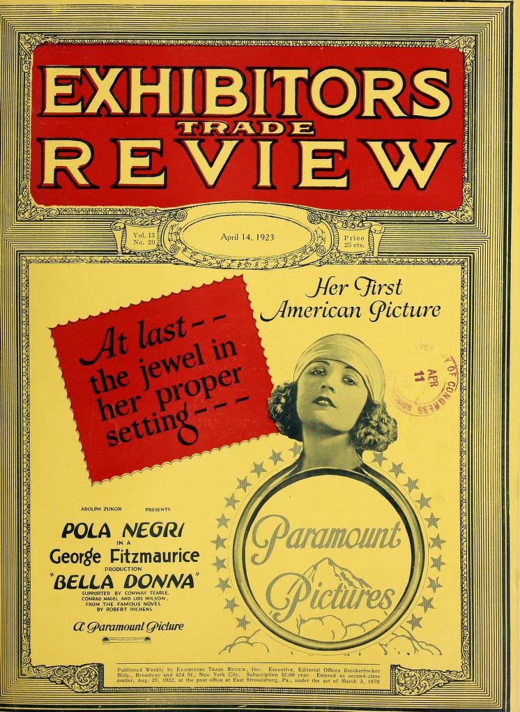EXHIBITORS TRADE REVIEW magazine side cover 14 April 1923