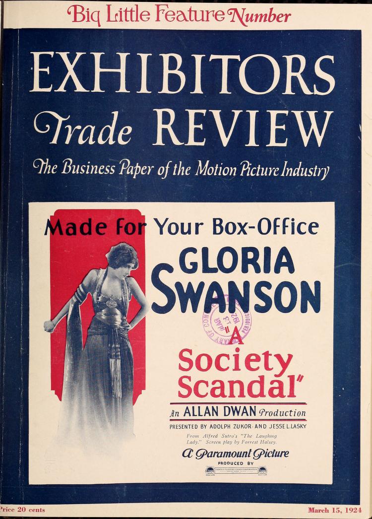 EXHIBITORS TRADE REVIEW magazine side cover 15 March 1924