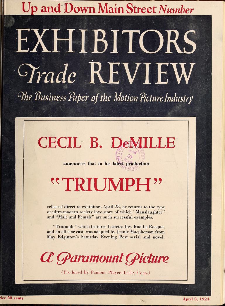 EXHIBITORS TRADE REVIEW magazine side cover 5 April 1924