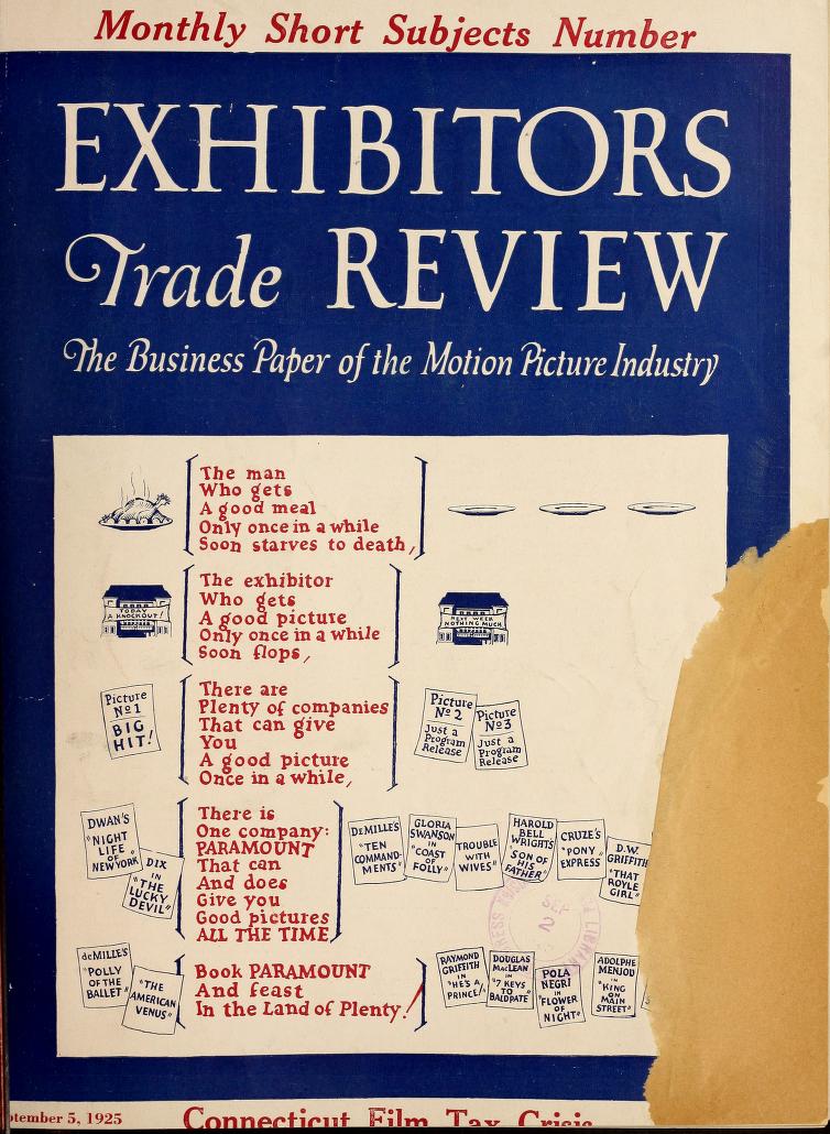 EXHIBITORS TRADE REVIEW magazine side cover 5 September 1925