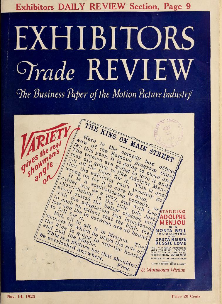 EXHIBITORS TRADE REVIEW magazine side cover 14 November 1925