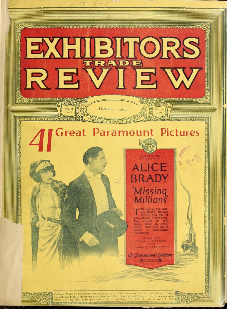 EXHIBITORS TRADE REVIEW magazine side cover 2 December 1922