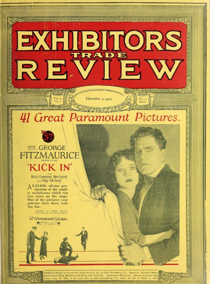 EXHIBITORS TRADE REVIEW magazine side cover 9 December 1922