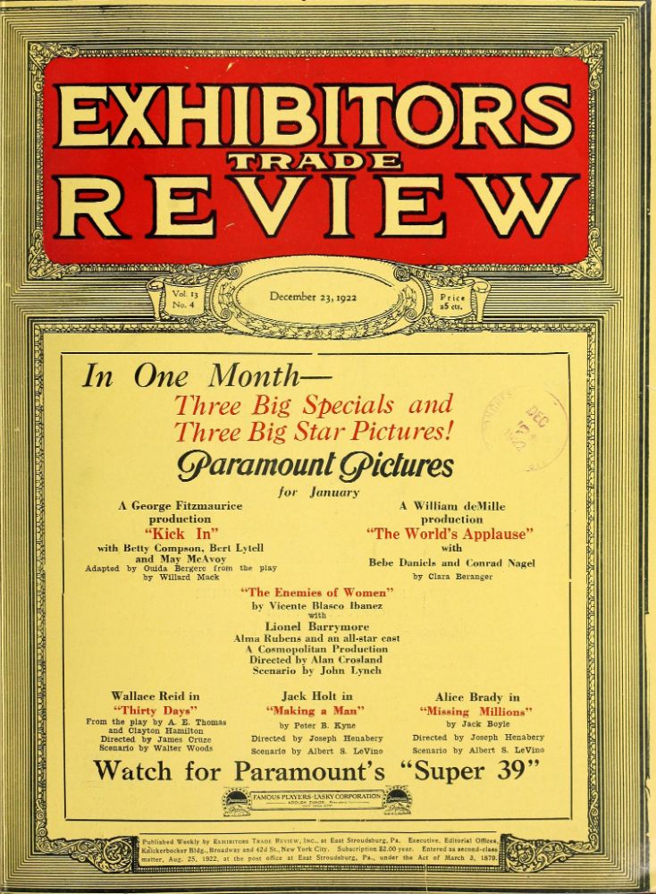 EXHIBITORS TRADE REVIEW magazine side cover 23 December 1922