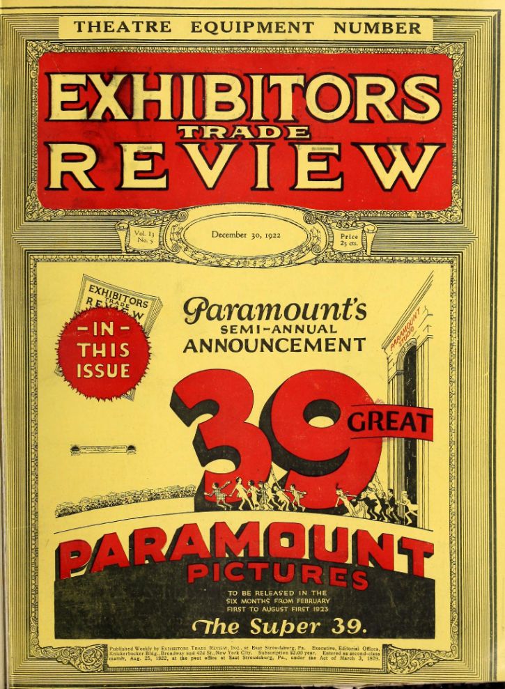EXHIBITORS TRADE REVIEW magazine side cover 30 December 1922