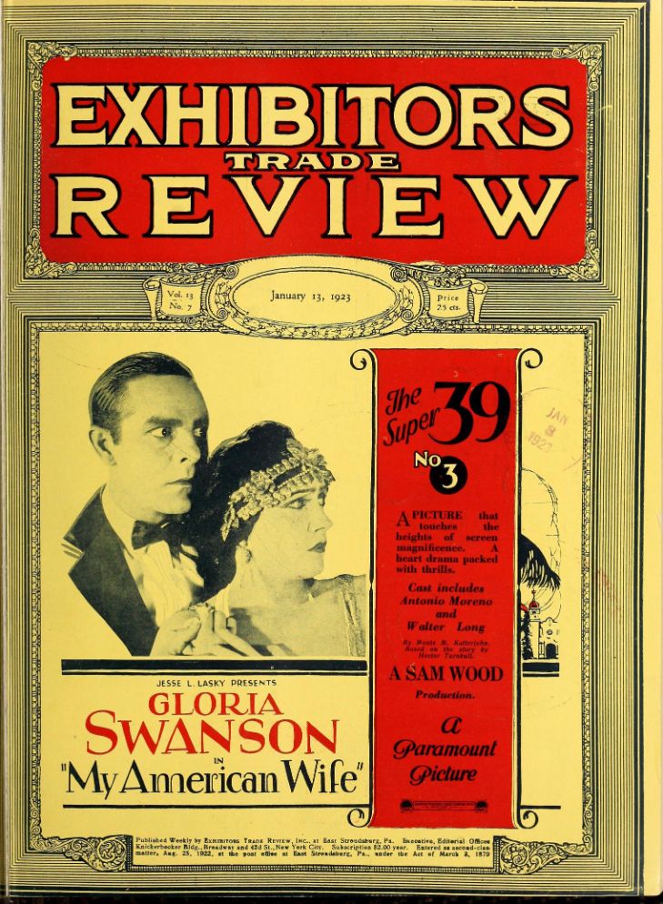 EXHIBITORS TRADE REVIEW magazine side cover 13 January 1923