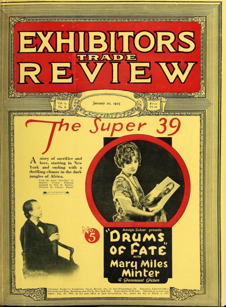 EXHIBITORS TRADE REVIEW magazine side cover 20 January 1923