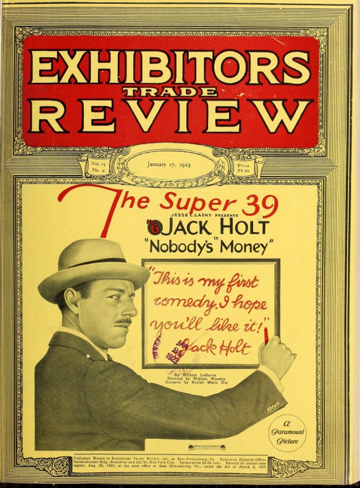 EXHIBITORS TRADE REVIEW magazine side cover 27 January 1923