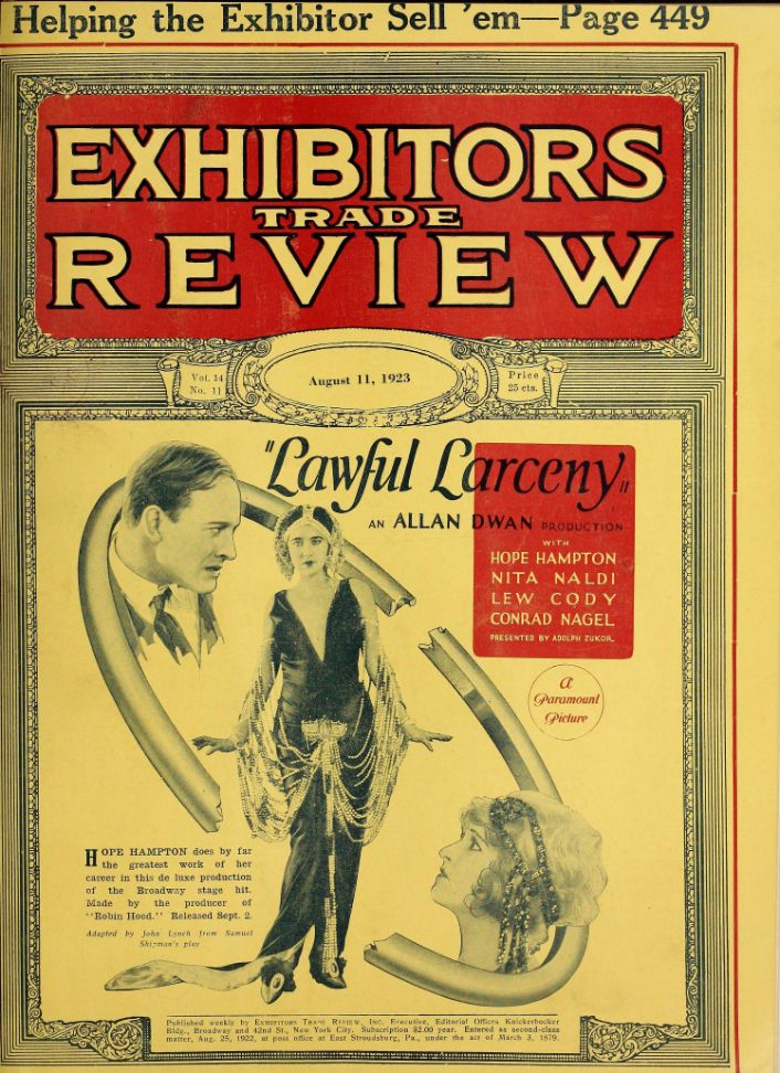 EXHIBITORS TRADE REVIEW magazine side cover 11 August 1923