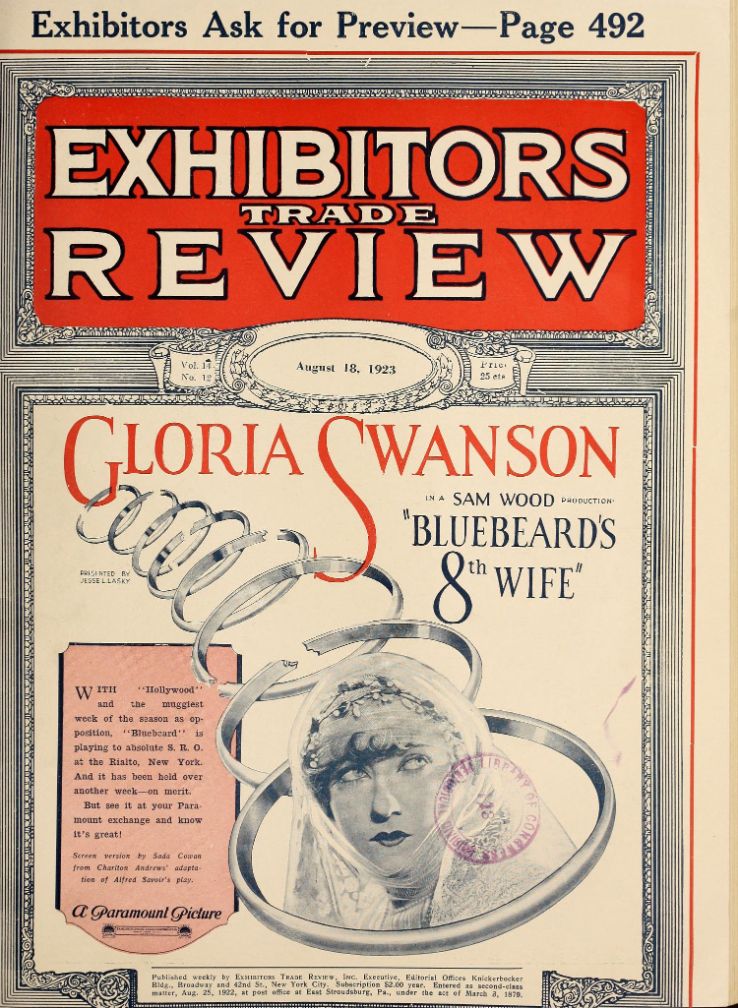 EXHIBITORS TRADE REVIEW magazine side cover 18 August 1923