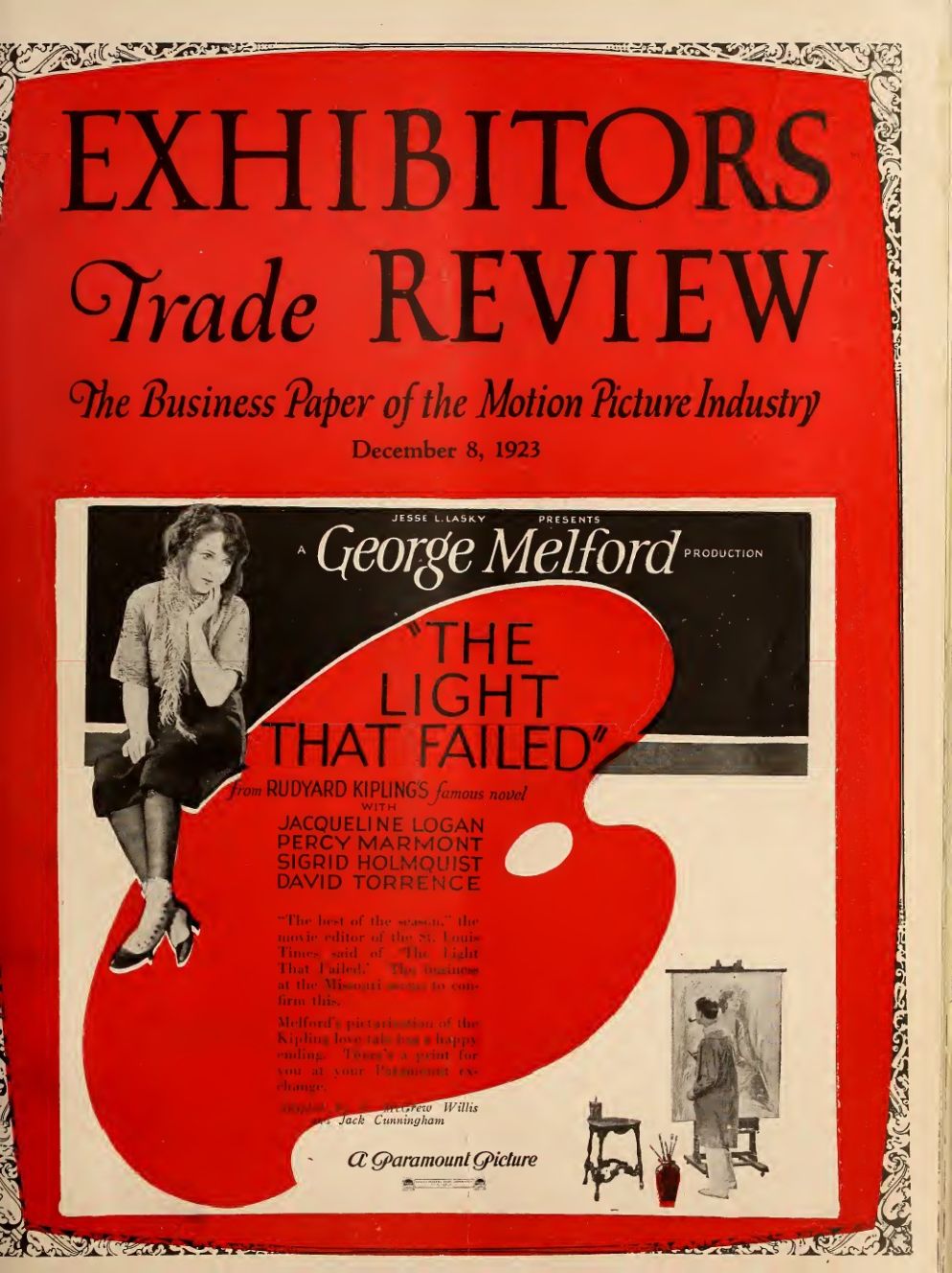 EXHIBITORS TRADE REVIEW magazine side cover 8 December 1923