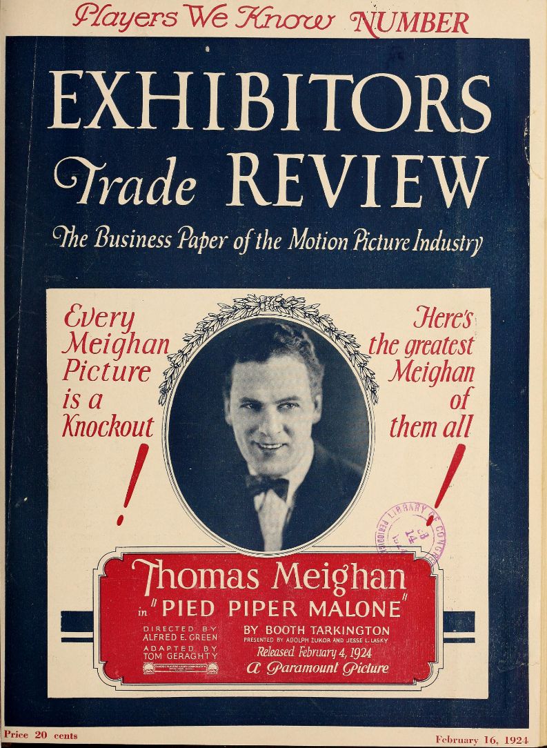 EXHIBITORS TRADE REVIEW magazine side cover 16 February 1924