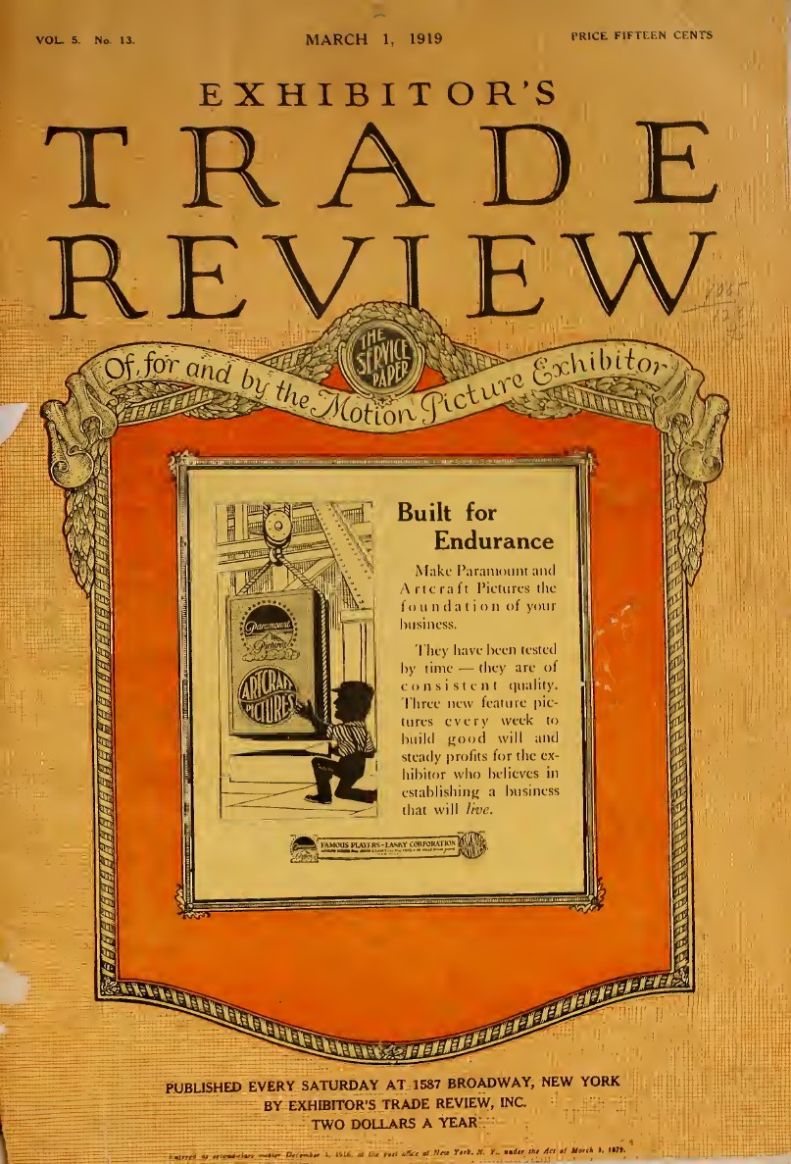 EXHIBITORS TRADE REVIEW magazine side cover 1 March 1919